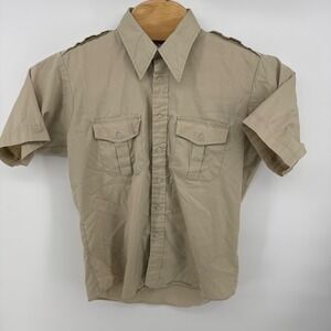 Woolrich Short Sleeve Button Up Shirt Tan Epualets Utility Workwear Mens Large